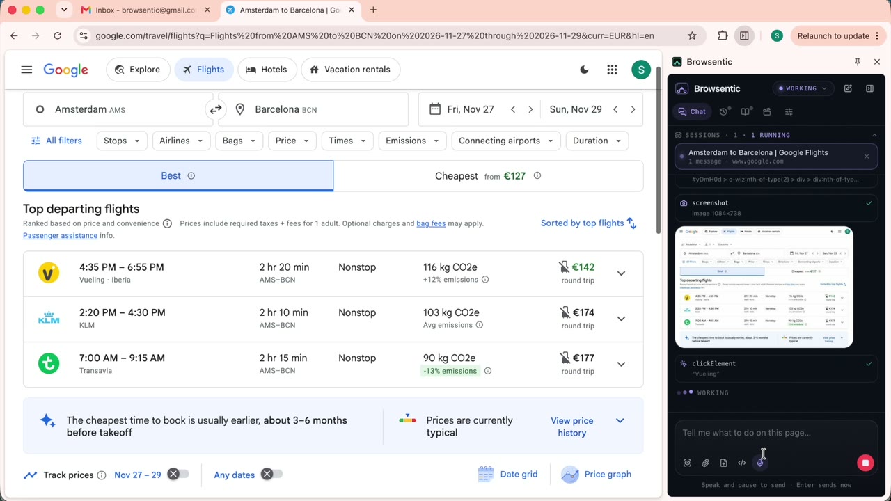 Google Flights results for Amsterdam to Barcelona, with the Browsentic side panel at work beside them