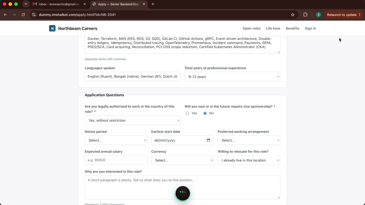A long job application form on a demonstration careers site, filled in by the agent