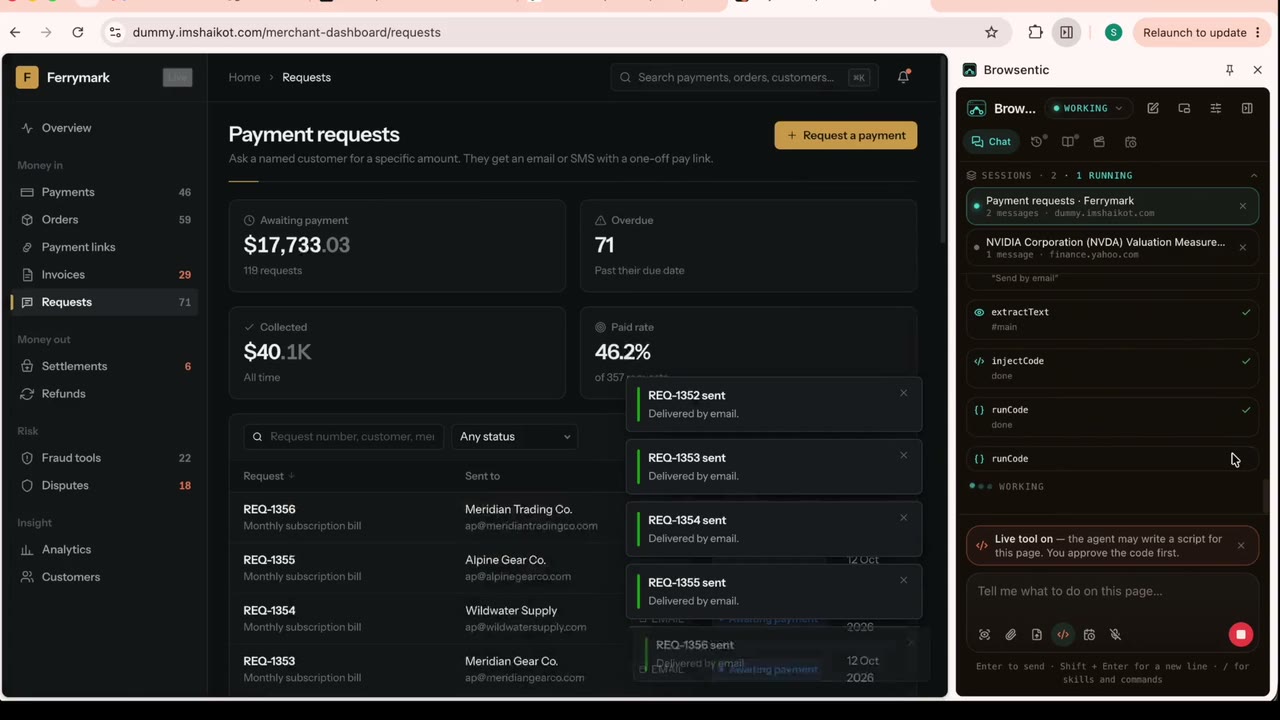A merchant dashboard with payment requests confirmed as sent, and the side panel running a script
