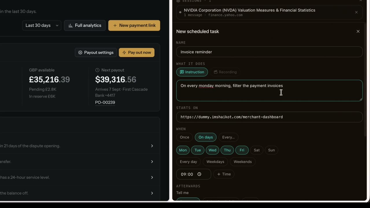 The new scheduled task form in the side panel, with the invoice reminder typed in